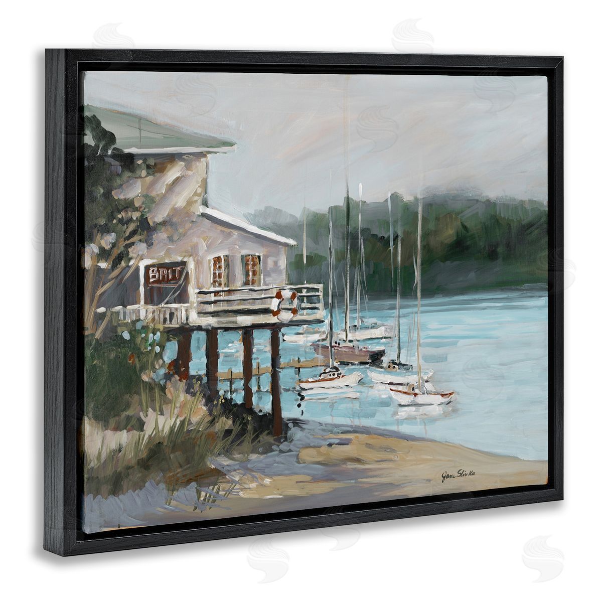 Boat Marina Harbor Black Floating Frame Canvas Wall Art, Home Decor by Jane Slivka