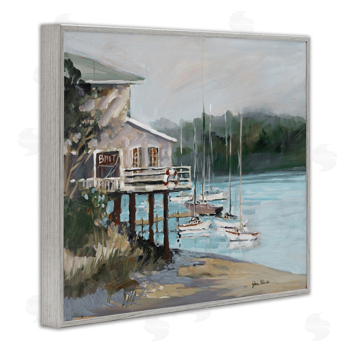 Boat Marina Harbor Grey Frame Print Wall Art, Home Decor by Jane Slivka