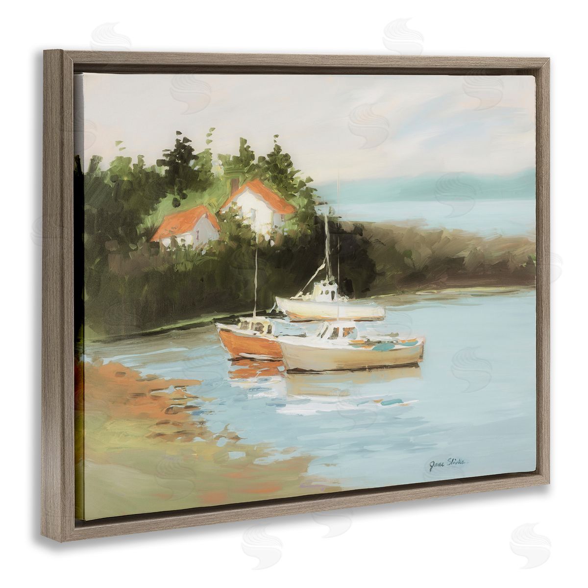 Calm Boat Harbor Brown Floating Frame Canvas Wall Art, Home Decor by Jane Slivka