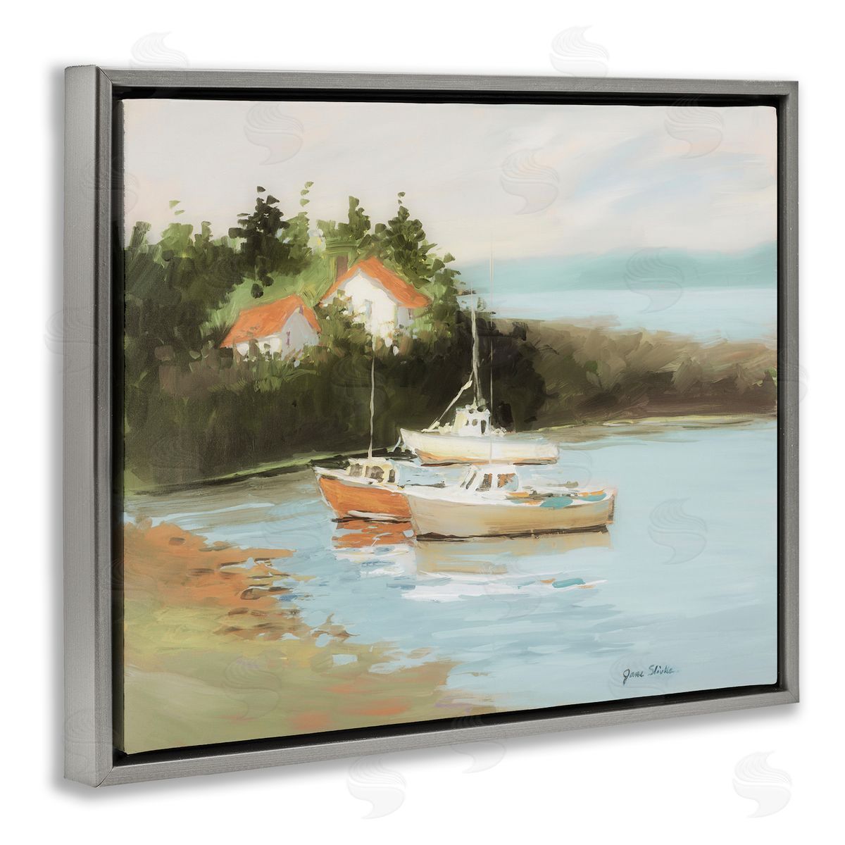 Calm Boat Harbor Grey Floating Frame Canvas Wall Art, Home Decor by Jane Slivka