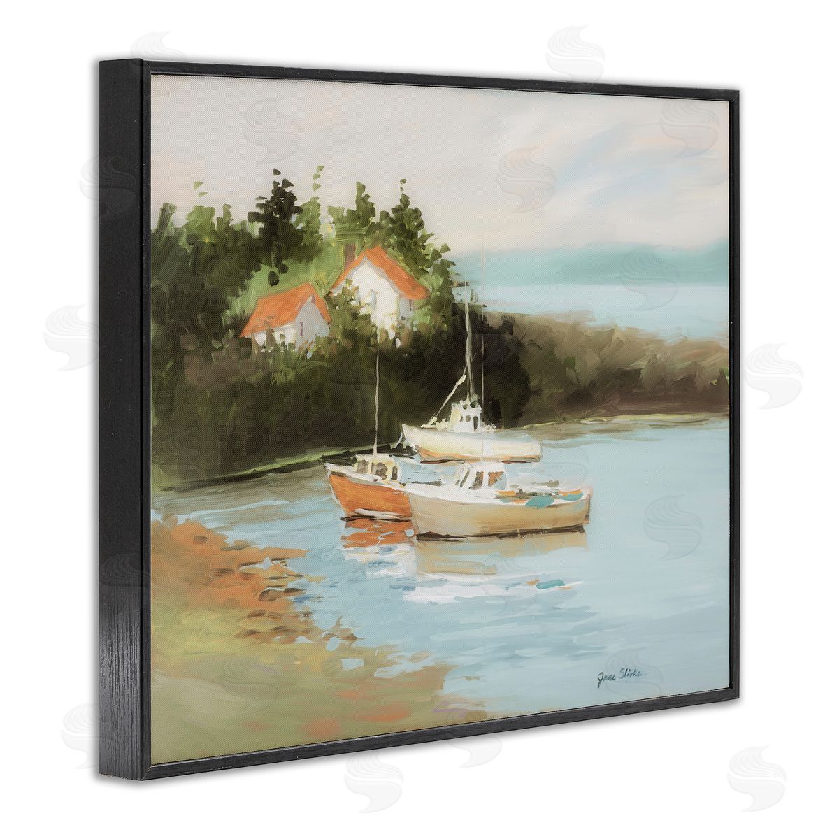 Calm Boat Harbor Black Frame Print Wall Art, Home Decor by Jane Slivka
