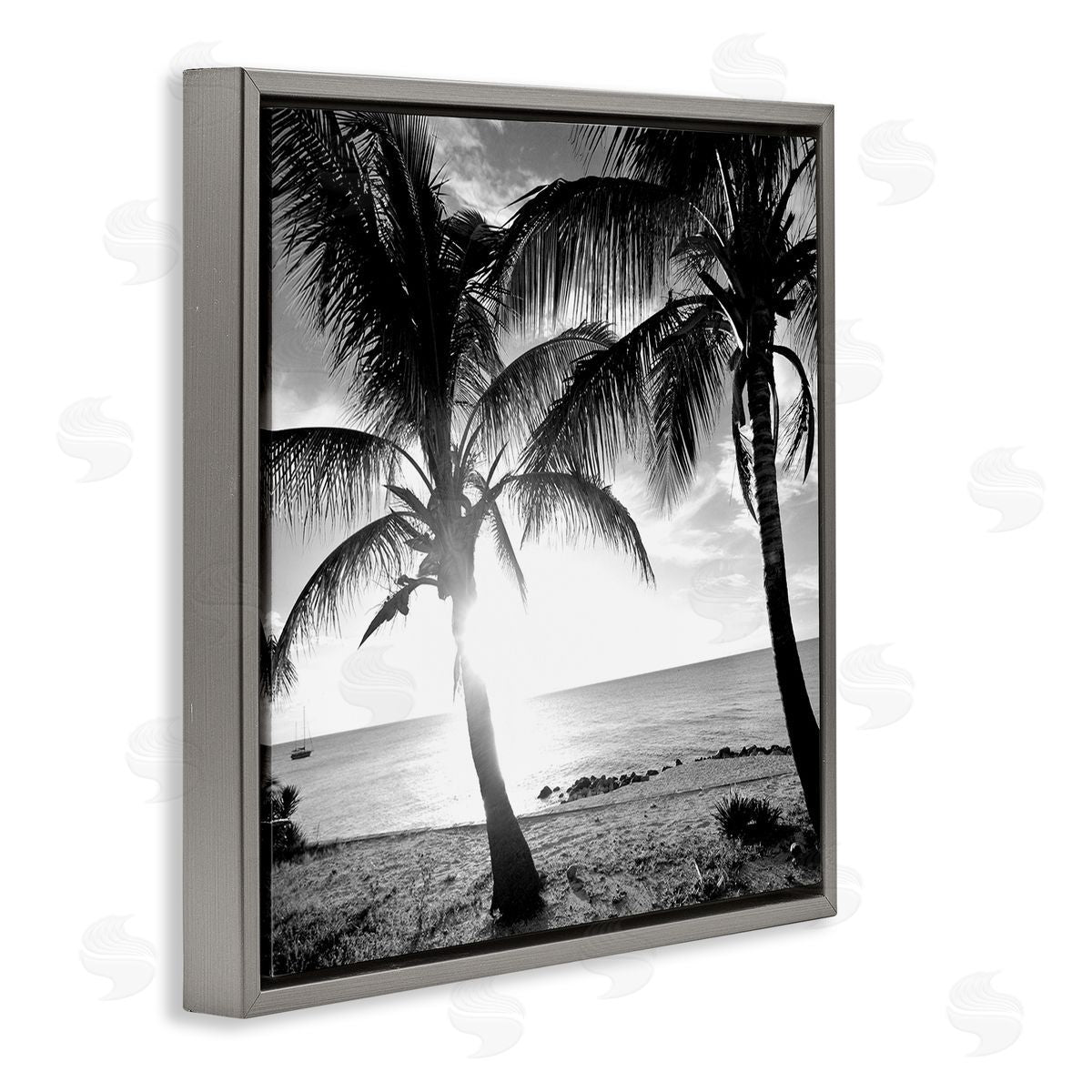 Sunlit Palm Silhouettes Grey Floating Frame Canvas Wall Art, Home Decor by Susan Bryant