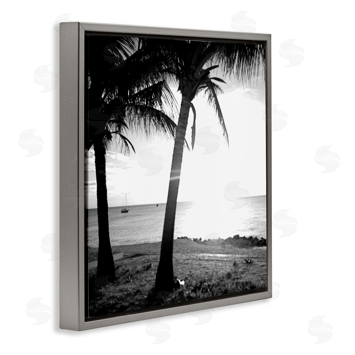 Palm Tree Silhouettes Grey Floating Frame Canvas Wall Art, Home Decor by Susan Bryant