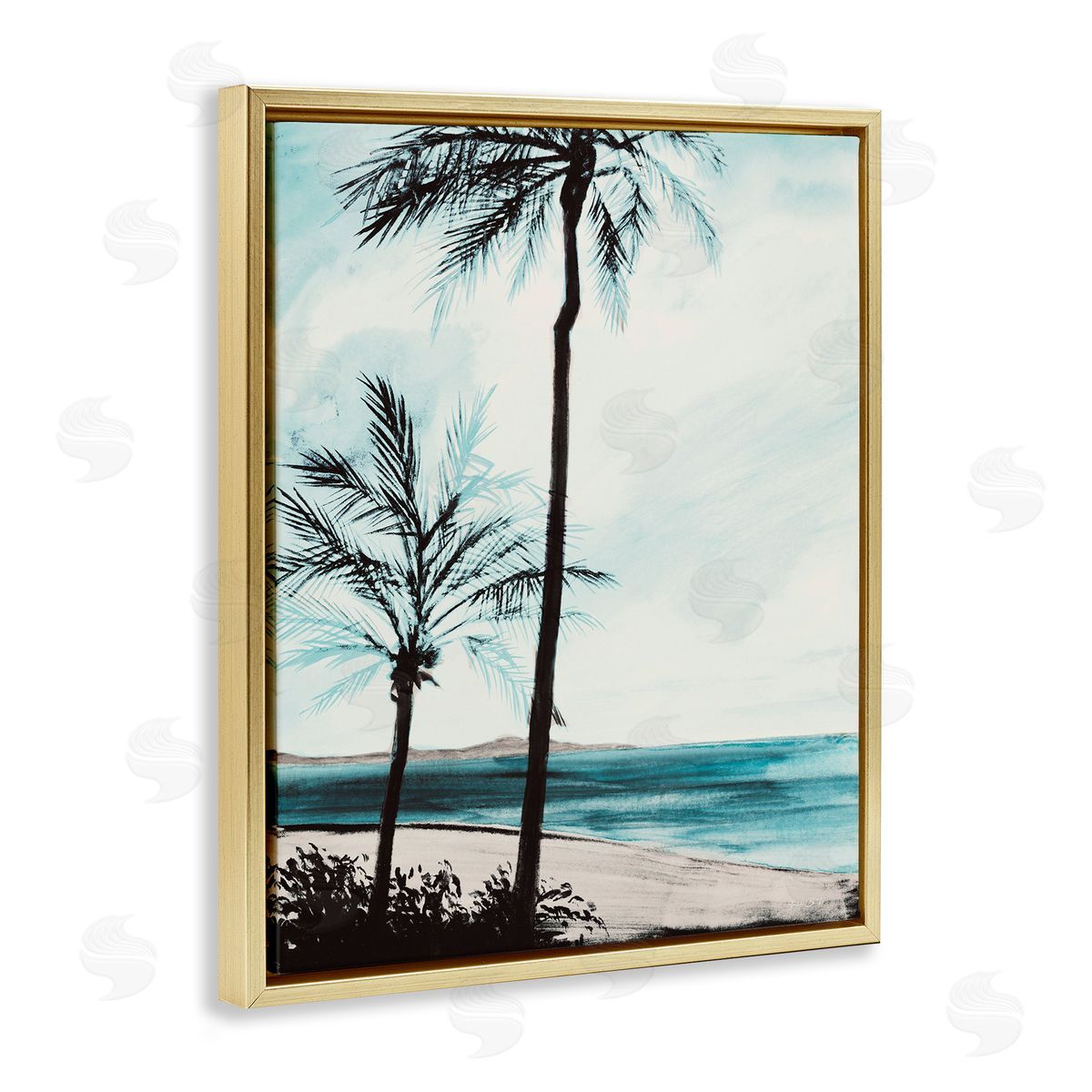 Beach Palm Silhouettes Gold Floating Frame Canvas Wall Art, Home Decor by Linda Baliko