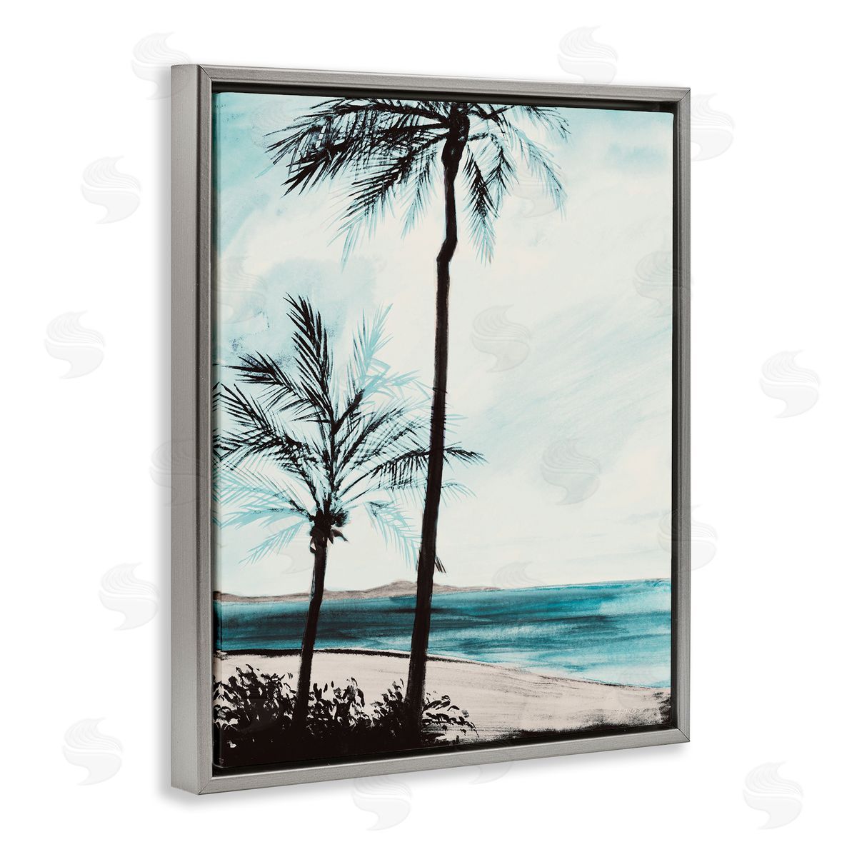 Beach Palm Silhouettes Grey Floating Frame Canvas Wall Art, Home Decor by Linda Baliko