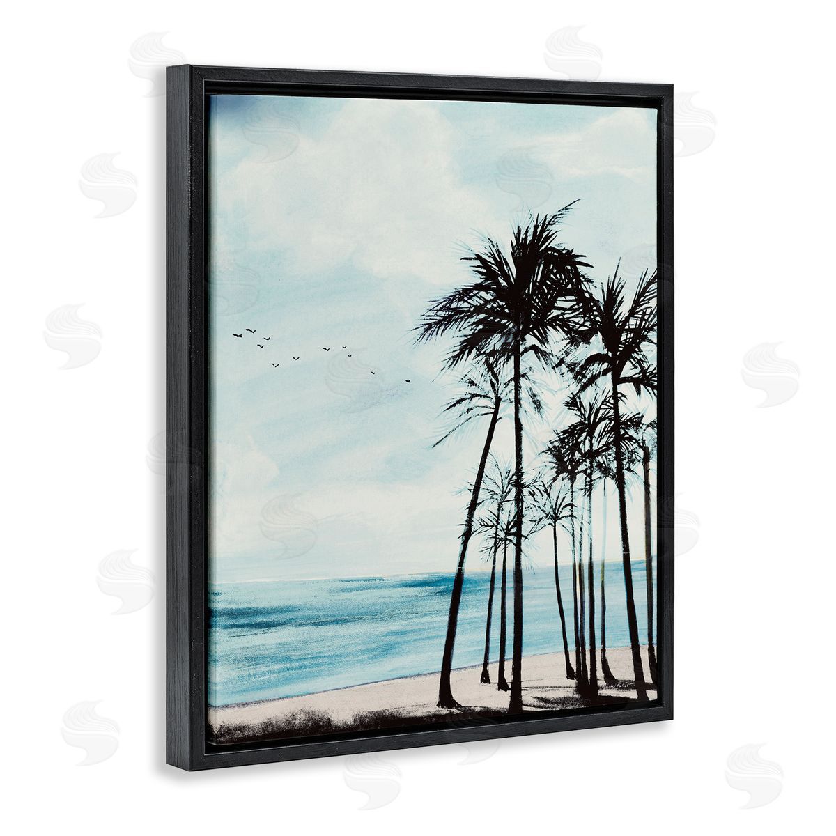 Summer Beach Silhouette Black Floating Frame Canvas Wall Art, Home Decor by Linda Baliko