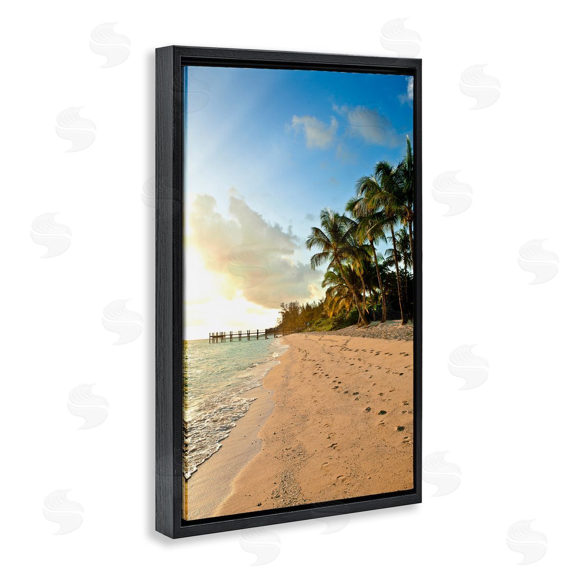 Sandy Footprints Shore Black Floating Frame Canvas Wall Art, Home Decor by Susan Bryant