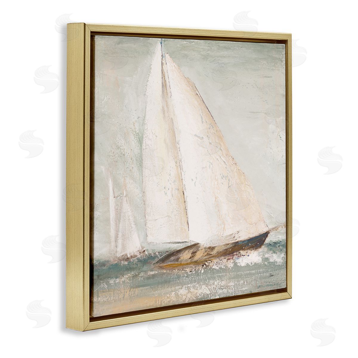 Vintage Splashing Sailboat Gold Floating Frame Canvas Wall Art, Home Decor by Patricia Pinto