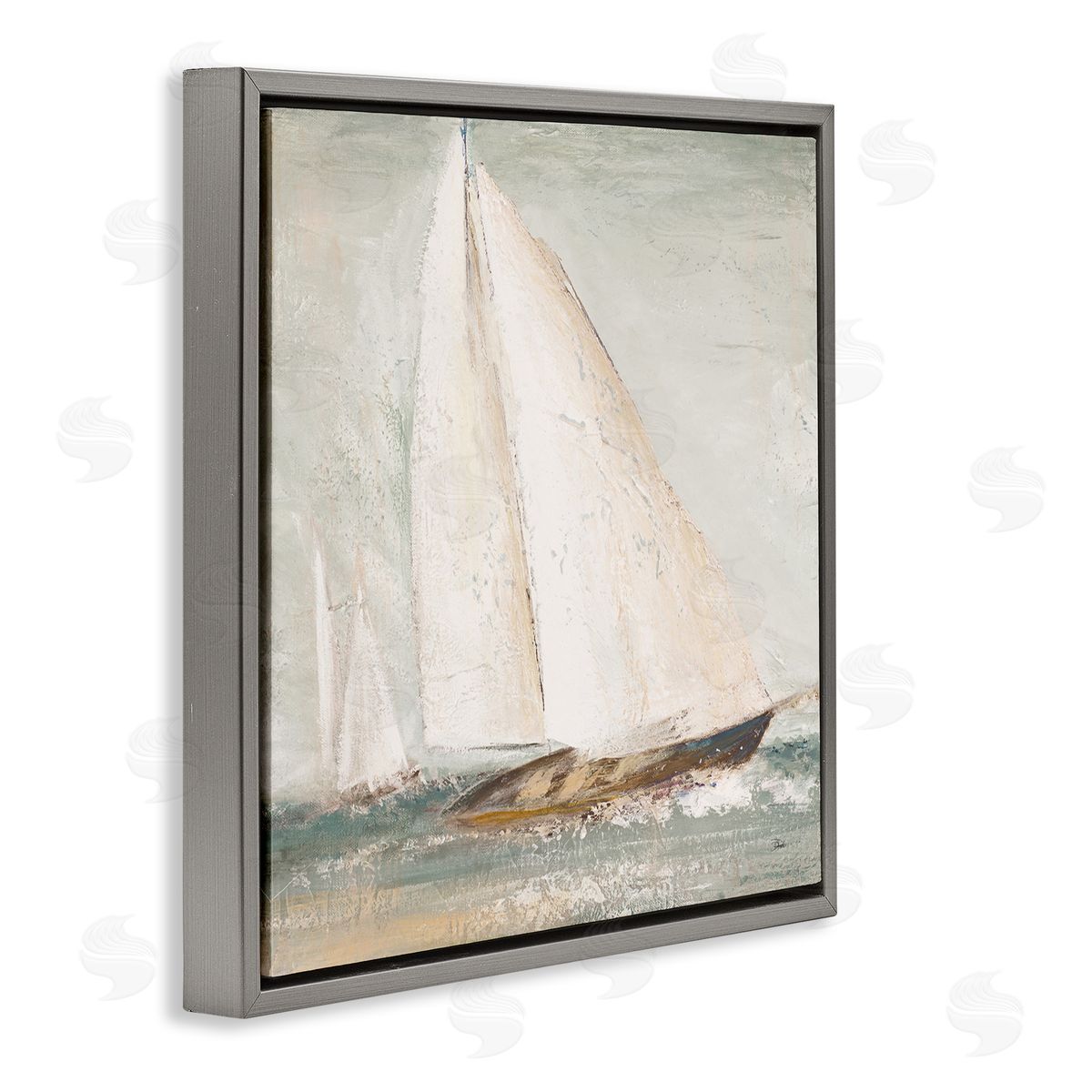 Vintage Splashing Sailboat Grey Floating Frame Canvas Wall Art, Home Decor by Patricia Pinto