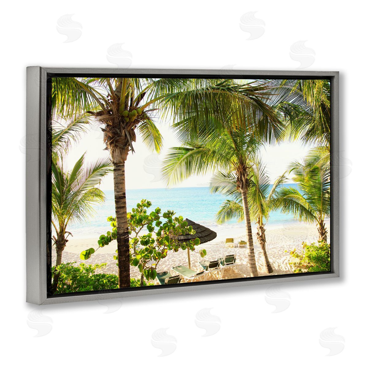 Tropical Beach Resort Grey Floating Frame Canvas Wall Art, Home Decor by Susan Bryant