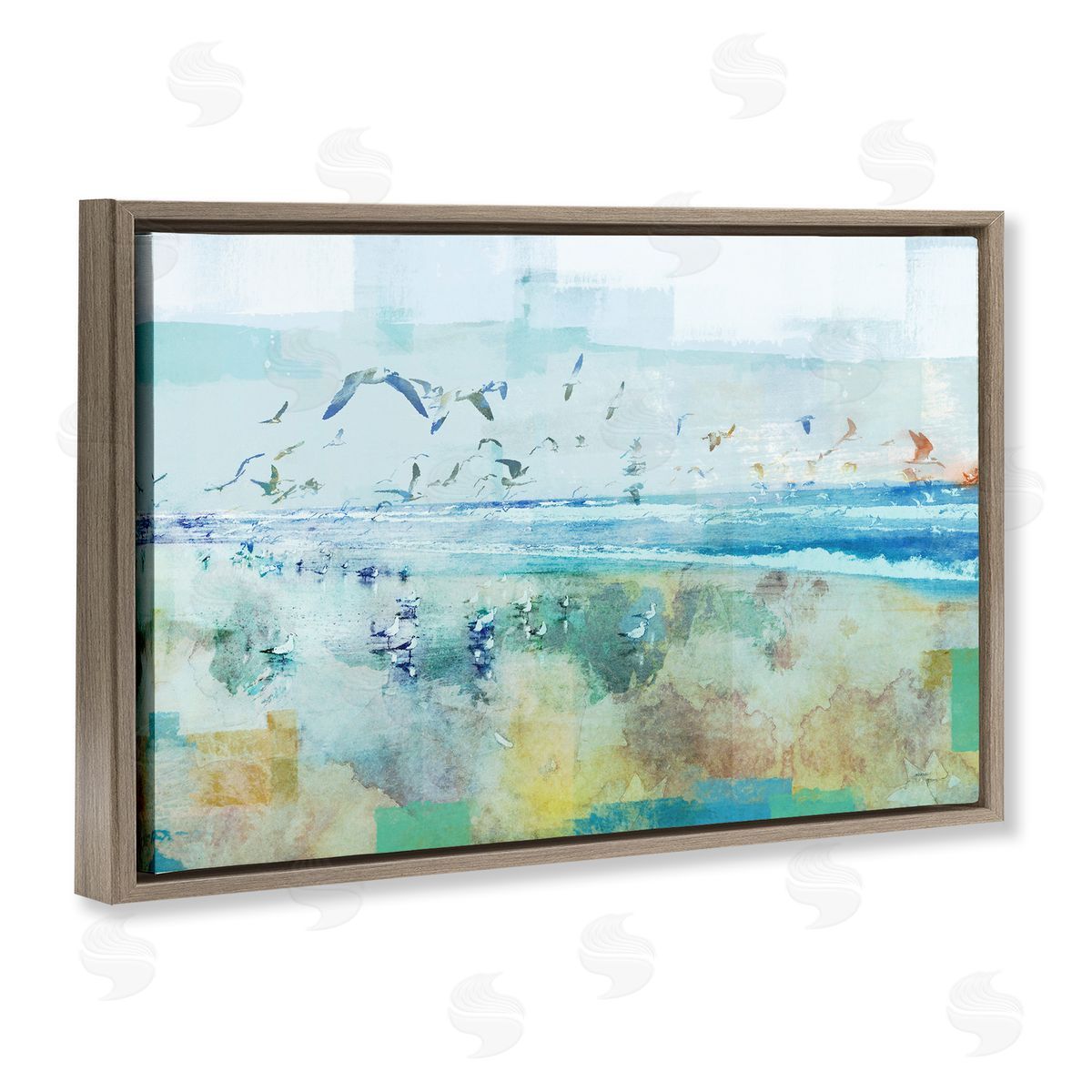 Abstract Birds Over Beach Brown Floating Frame Canvas Wall Art, Home Decor by Dan Meneely