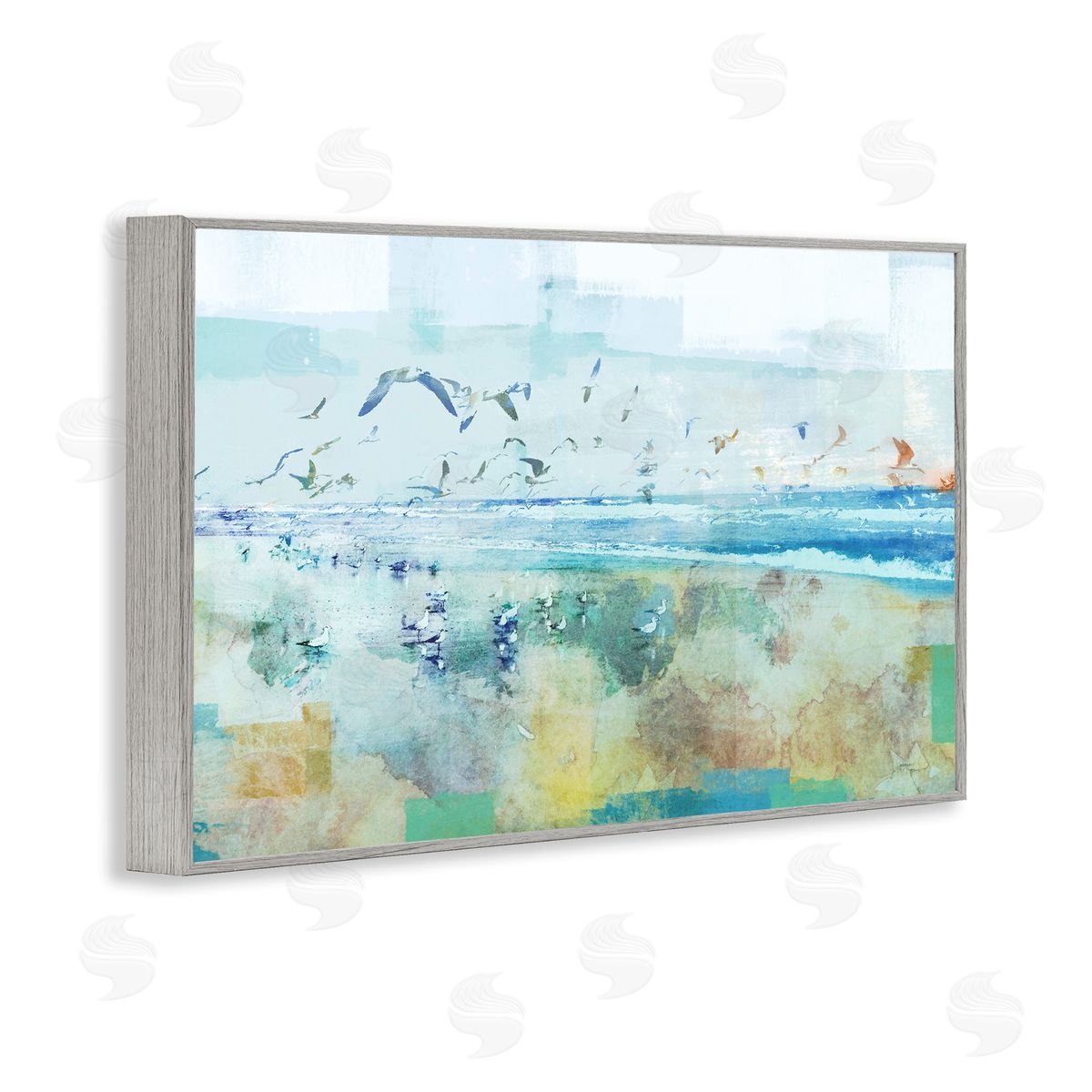 Abstract Birds Over Beach Grey Frame Print Wall Art, Home Decor by Dan Meneely
