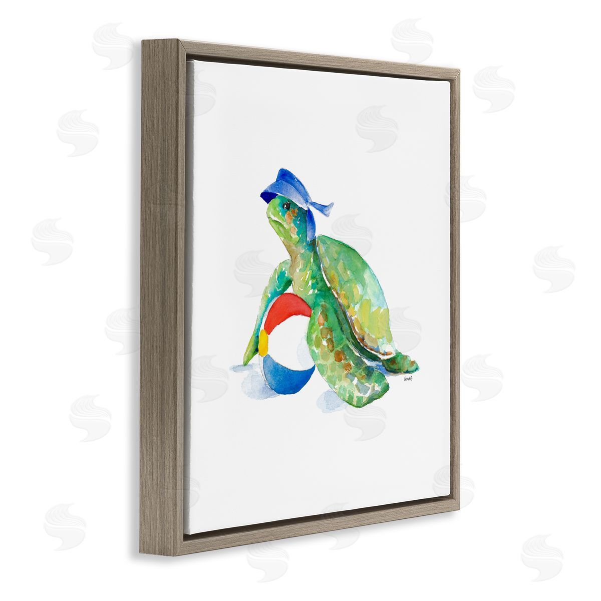 Turtle and Beach Ball Brown Floating Frame Canvas Wall Art, Home Decor by Lanie Loreth