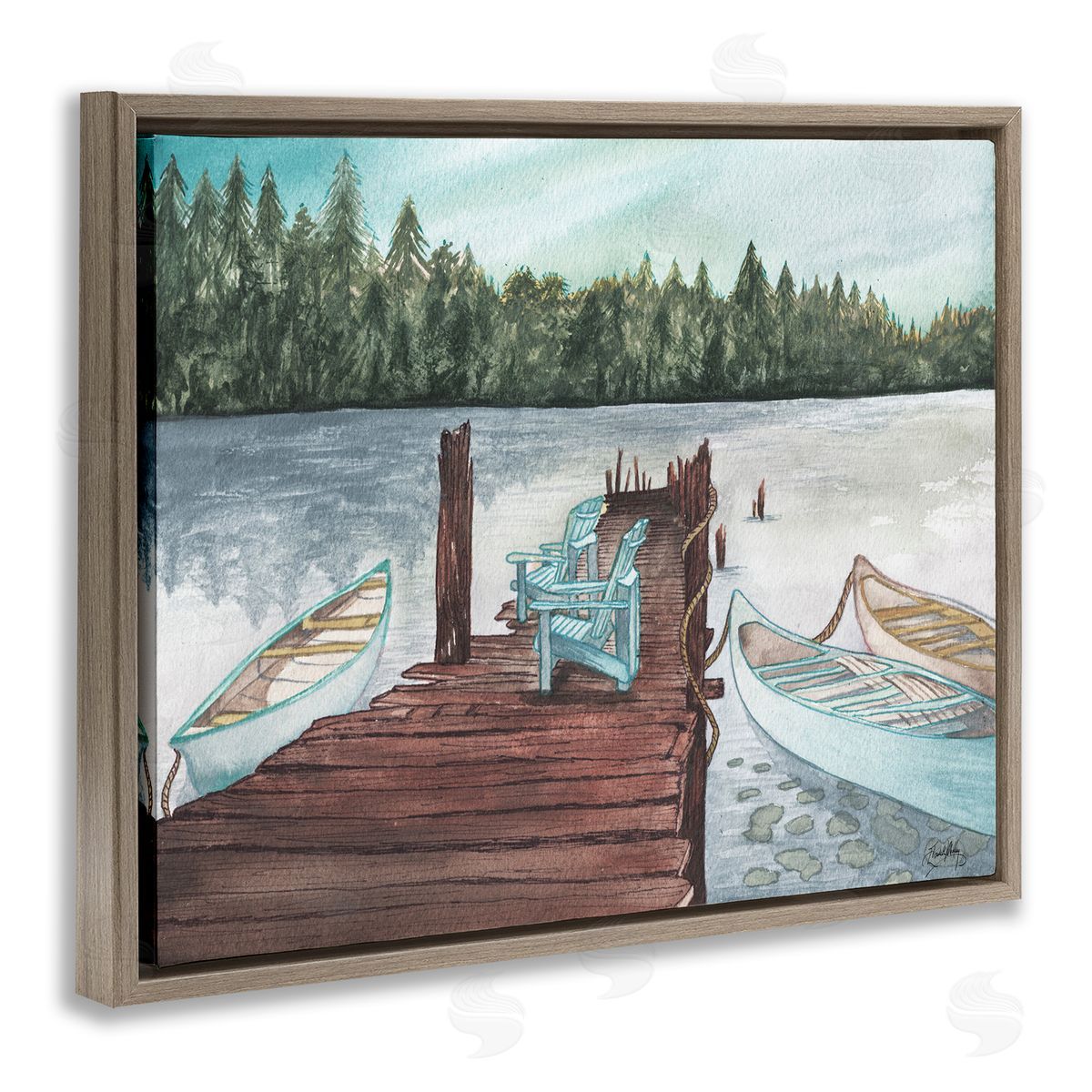 Canoes at Lake Dock Brown Floating Frame Canvas Wall Art, Home Decor by Elizabeth Medley