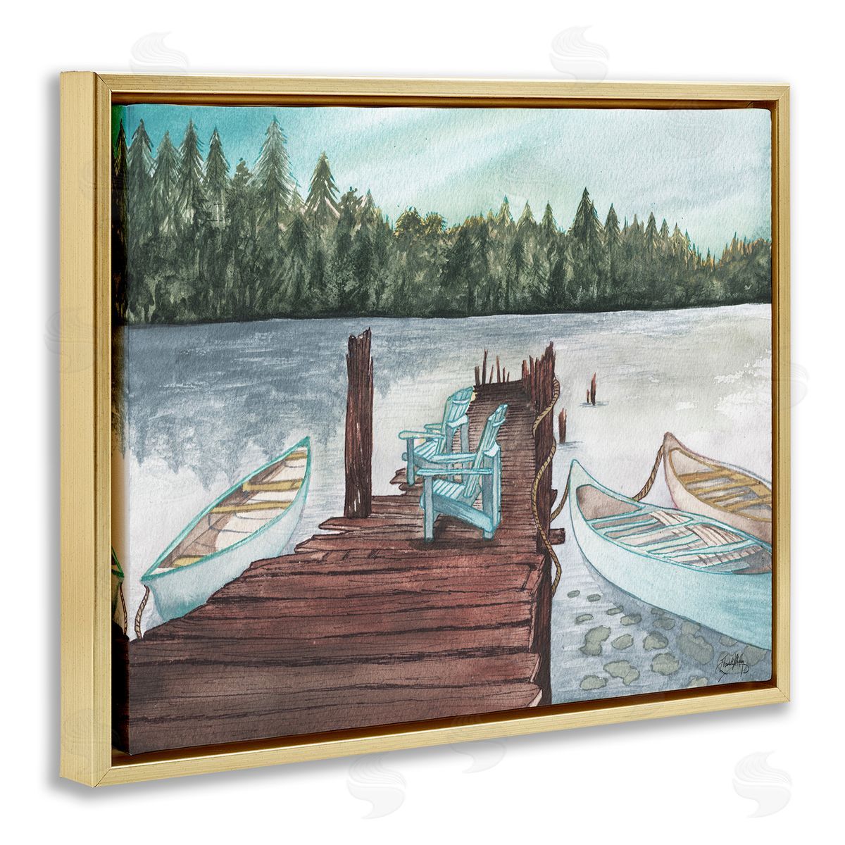 Canoes at Lake Dock Gold Floating Frame Canvas Wall Art, Home Decor by Elizabeth Medley
