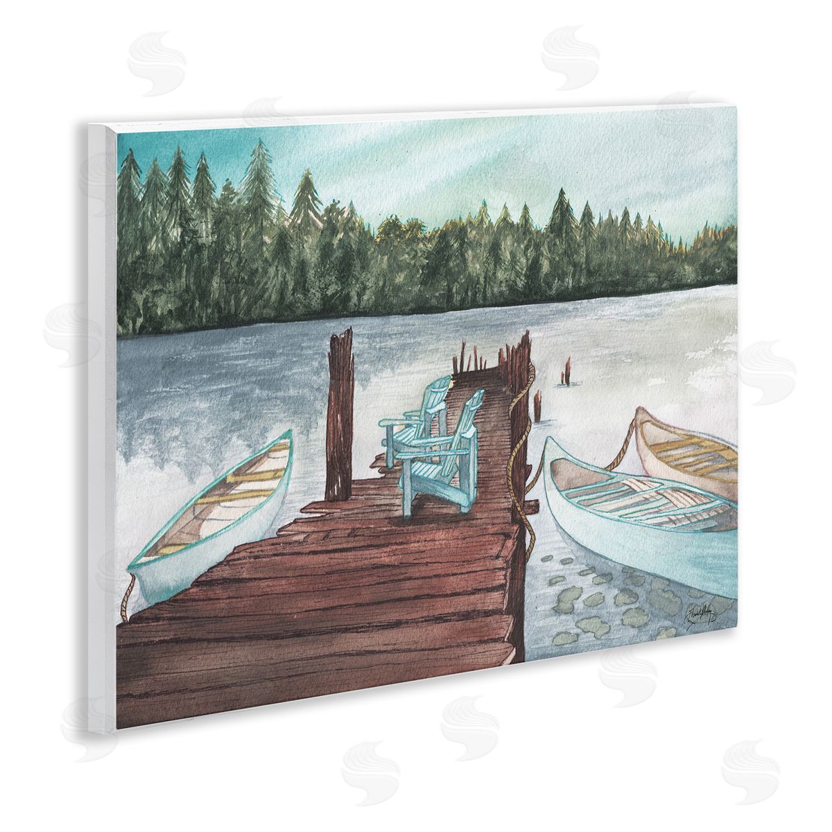 Canoes at Lake Dock Wood Plaque Wall Art, Home Decor by Elizabeth Medley