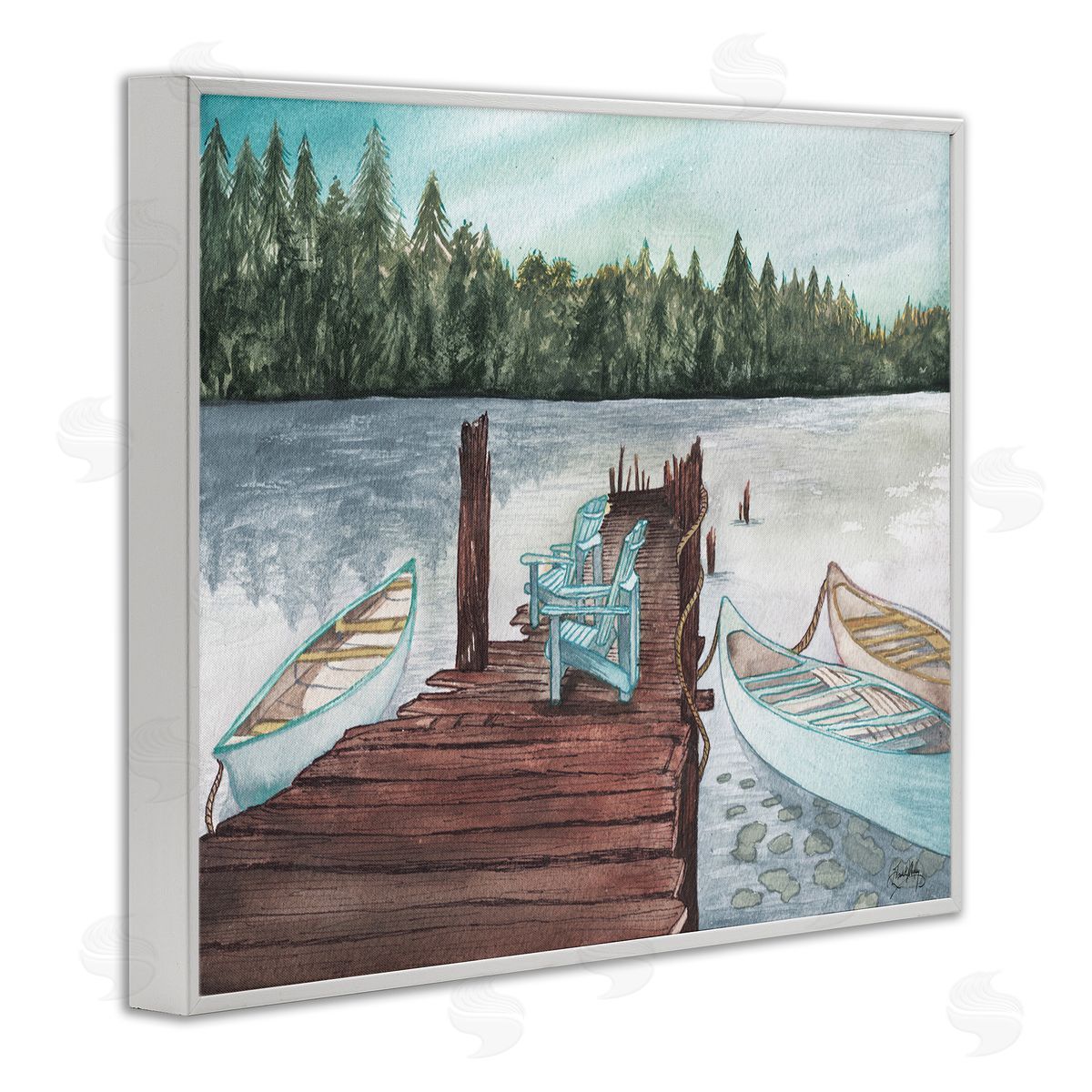 Canoes at Lake Dock White Frame Print Wall Art, Home Decor by Elizabeth Medley