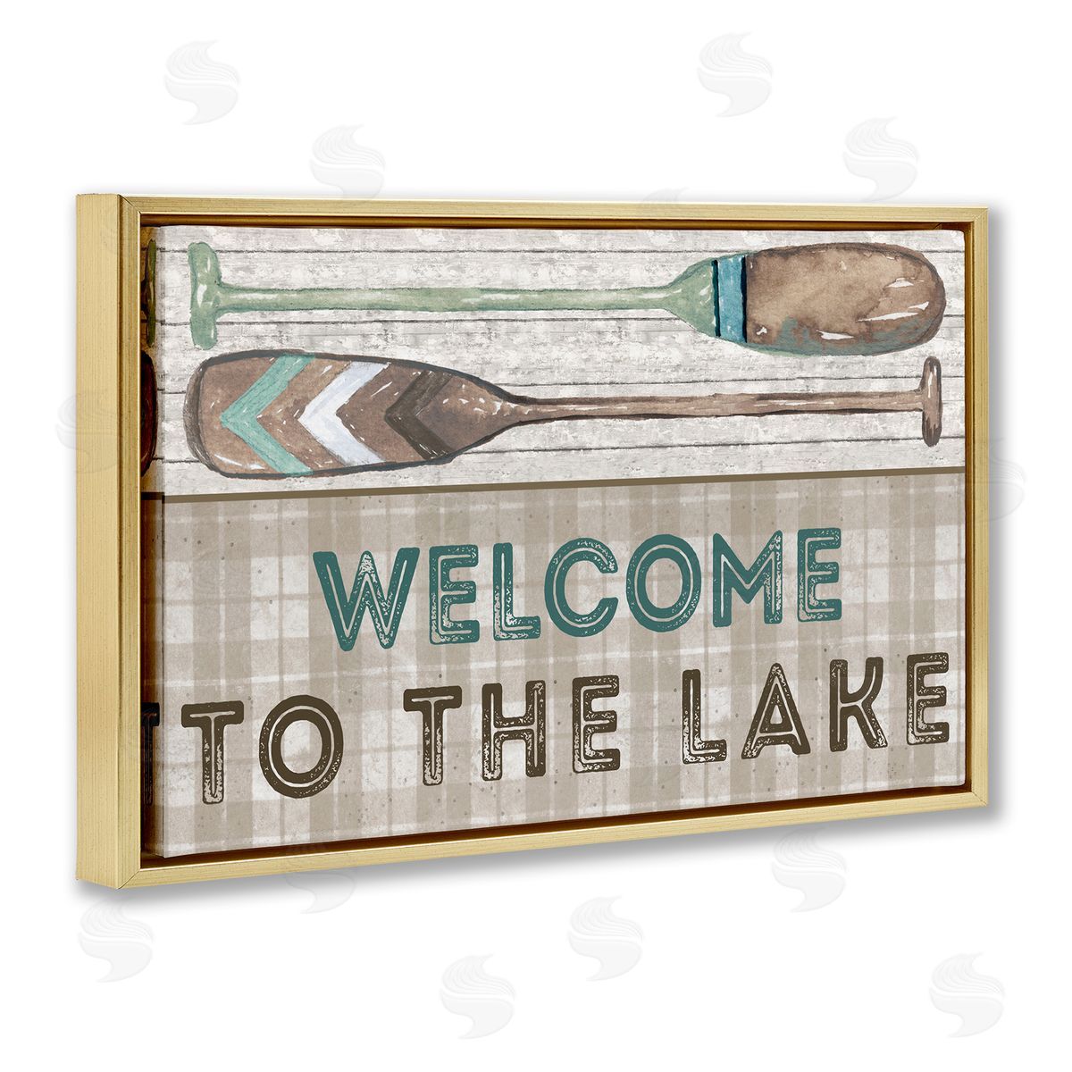 Rustic Welcome Lake Oars Gold Floating Frame Canvas Wall Art, Home Decor by Elizabeth Medley