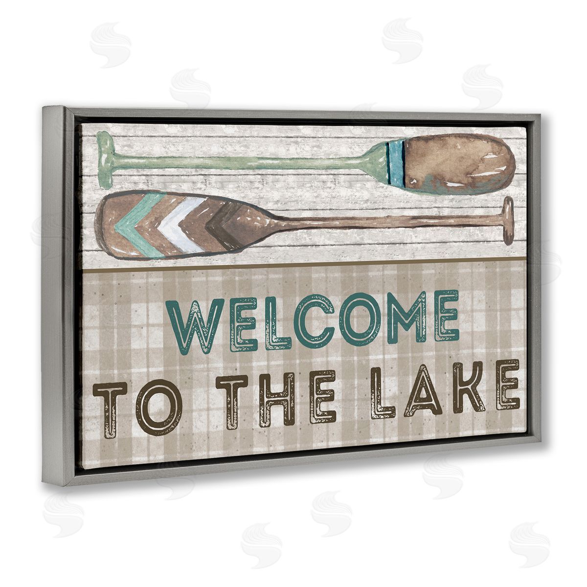 Rustic Welcome Lake Oars Grey Floating Frame Canvas Wall Art, Home Decor by Elizabeth Medley