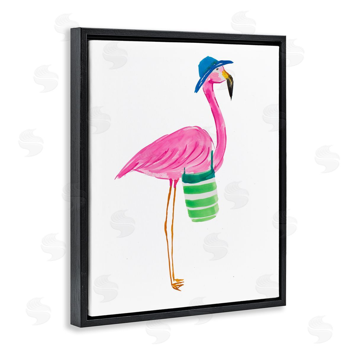Flamingo with Beach Bag Black Floating Frame Canvas Wall Art, Home Decor by Julie DeRice