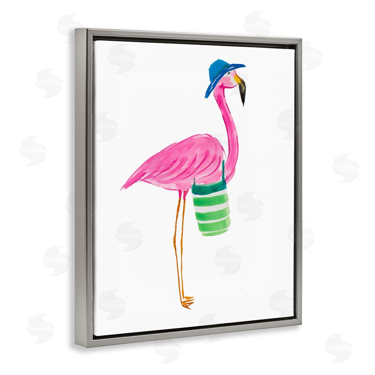 Flamingo with Beach Bag Grey Floating Frame Canvas Wall Art, Home Decor by Julie DeRice