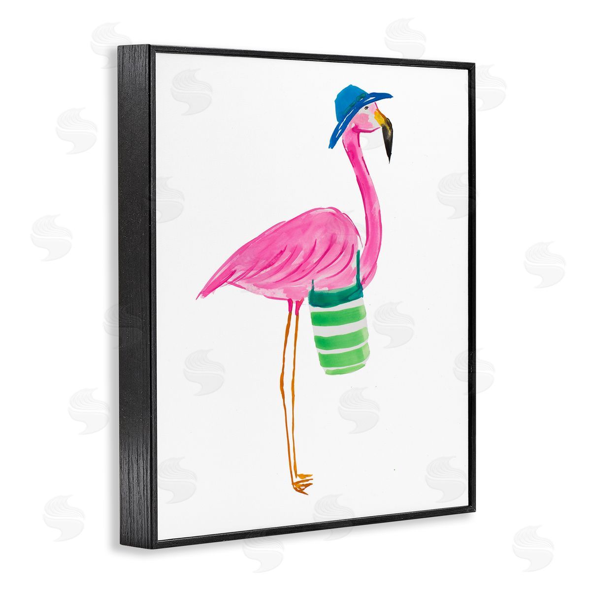 Flamingo with Beach Bag Black Frame Print Wall Art, Home Decor by Julie DeRice
