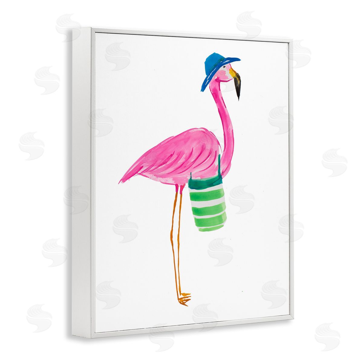 Flamingo with Beach Bag White Frame Print Wall Art, Home Decor by Julie DeRice