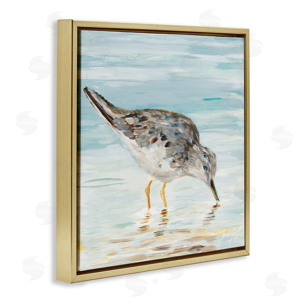 Grey Beach Sandpiper Gold Floating Frame Canvas Wall Art, Home Decor by Julie DeRice