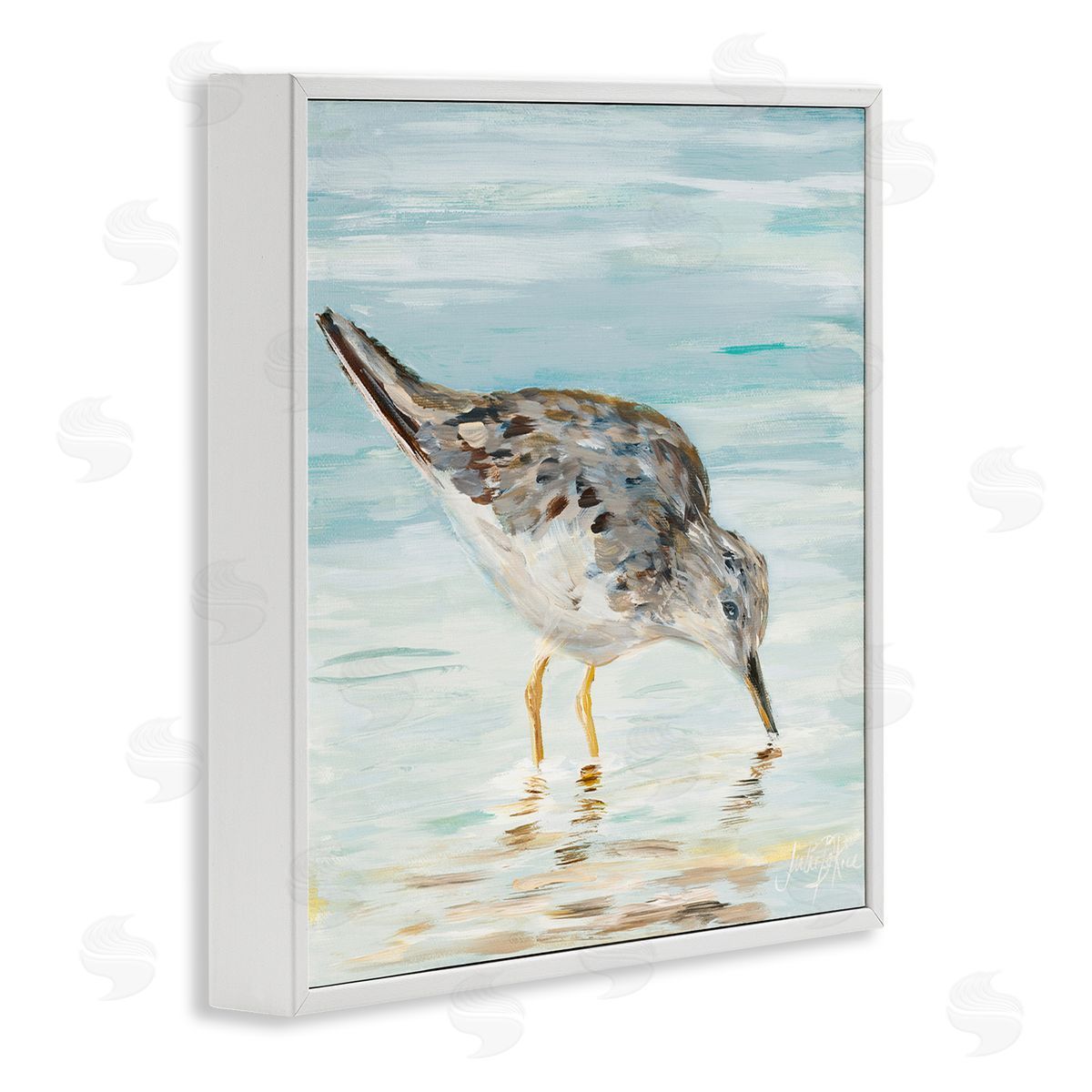 Grey Beach Sandpiper White Frame Print Wall Art, Home Decor by Julie DeRice