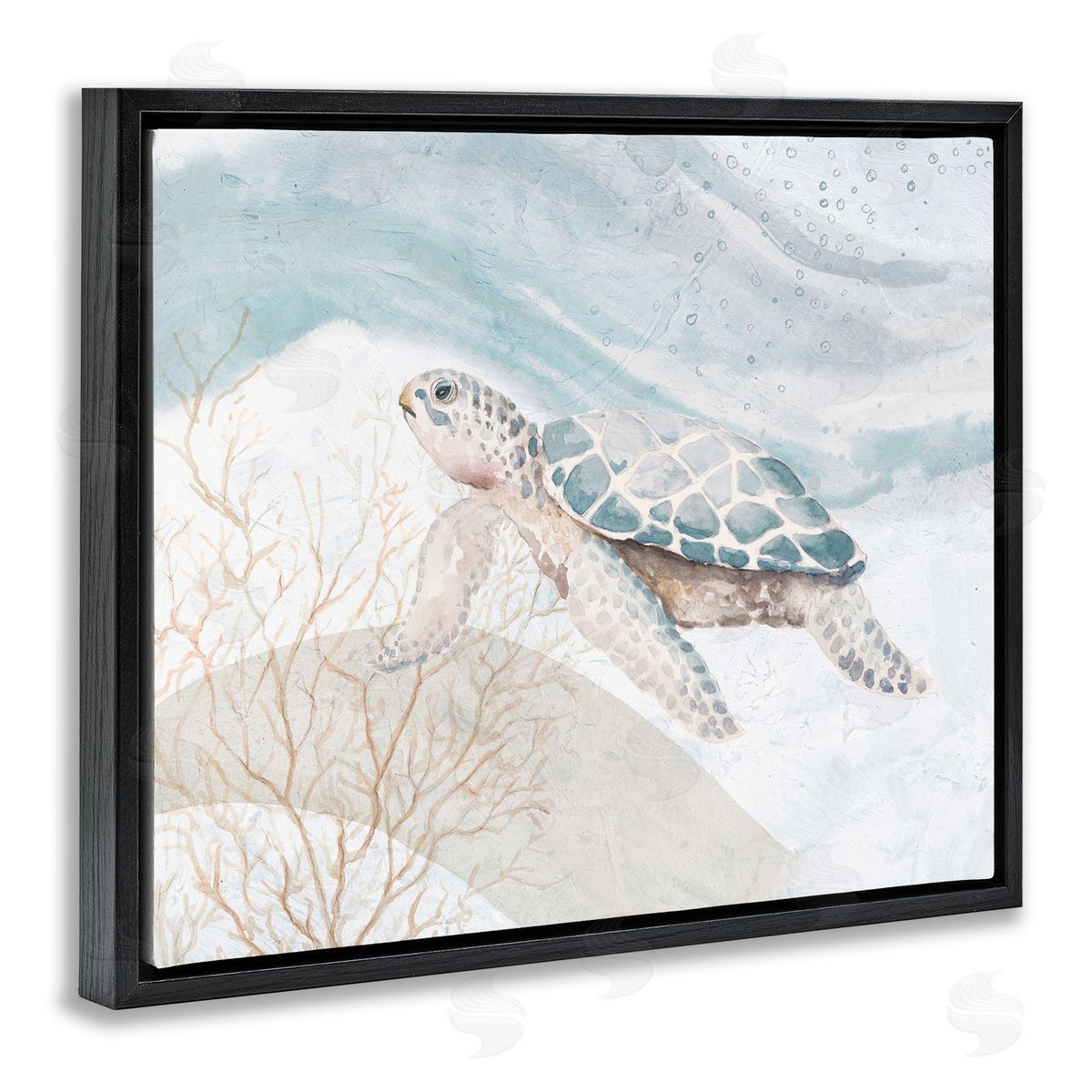 Turtle on Brushed Pattern Black Floating Frame Canvas Wall Art, Home Decor by Patricia Pinto