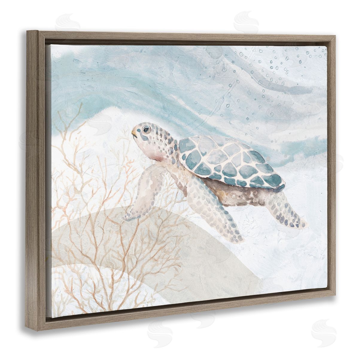 Turtle on Brushed Pattern Brown Floating Frame Canvas Wall Art, Home Decor by Patricia Pinto