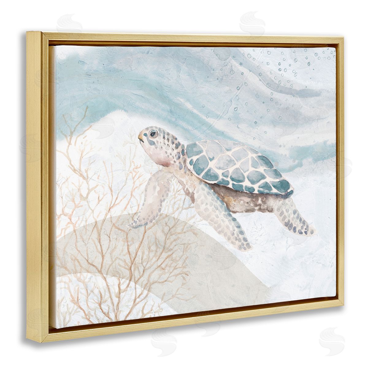 Turtle on Brushed Pattern Gold Floating Frame Canvas Wall Art, Home Decor by Patricia Pinto