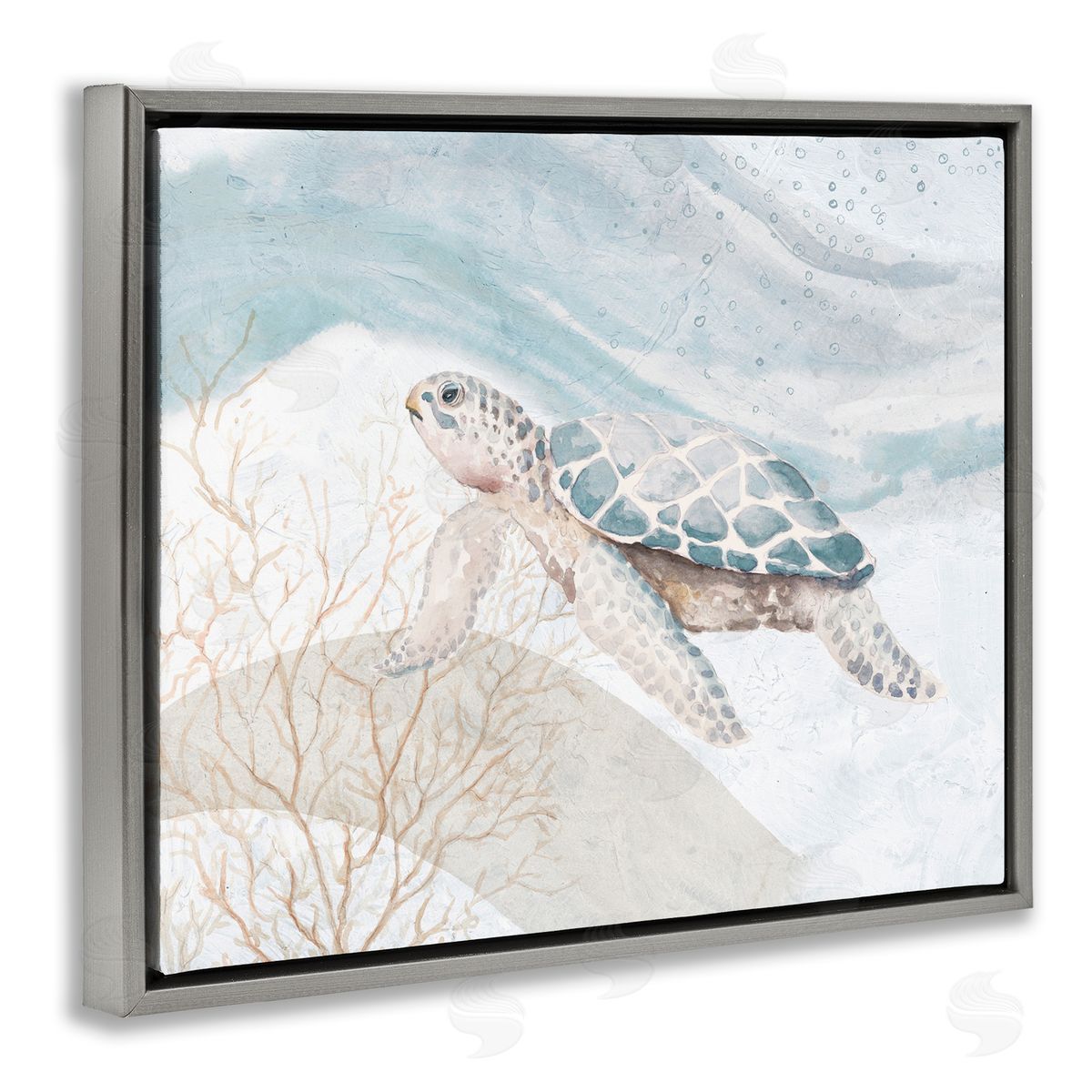 Turtle on Brushed Pattern Grey Floating Frame Canvas Wall Art, Home Decor by Patricia Pinto