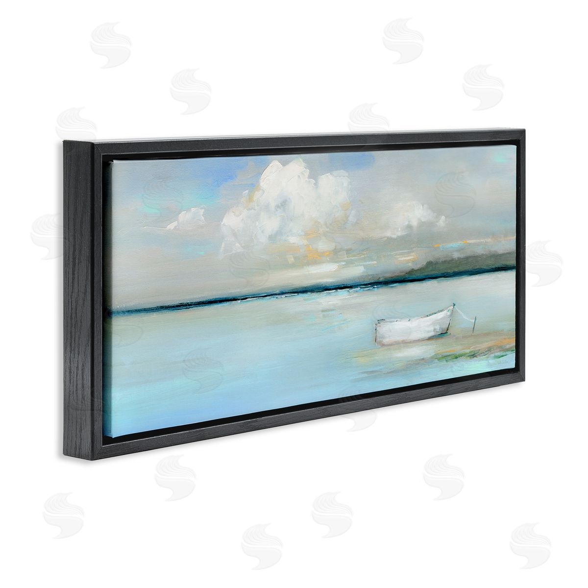 Quiet Boat Docked Black Floating Frame Canvas Wall Art, Home Decor by Sally Swatland