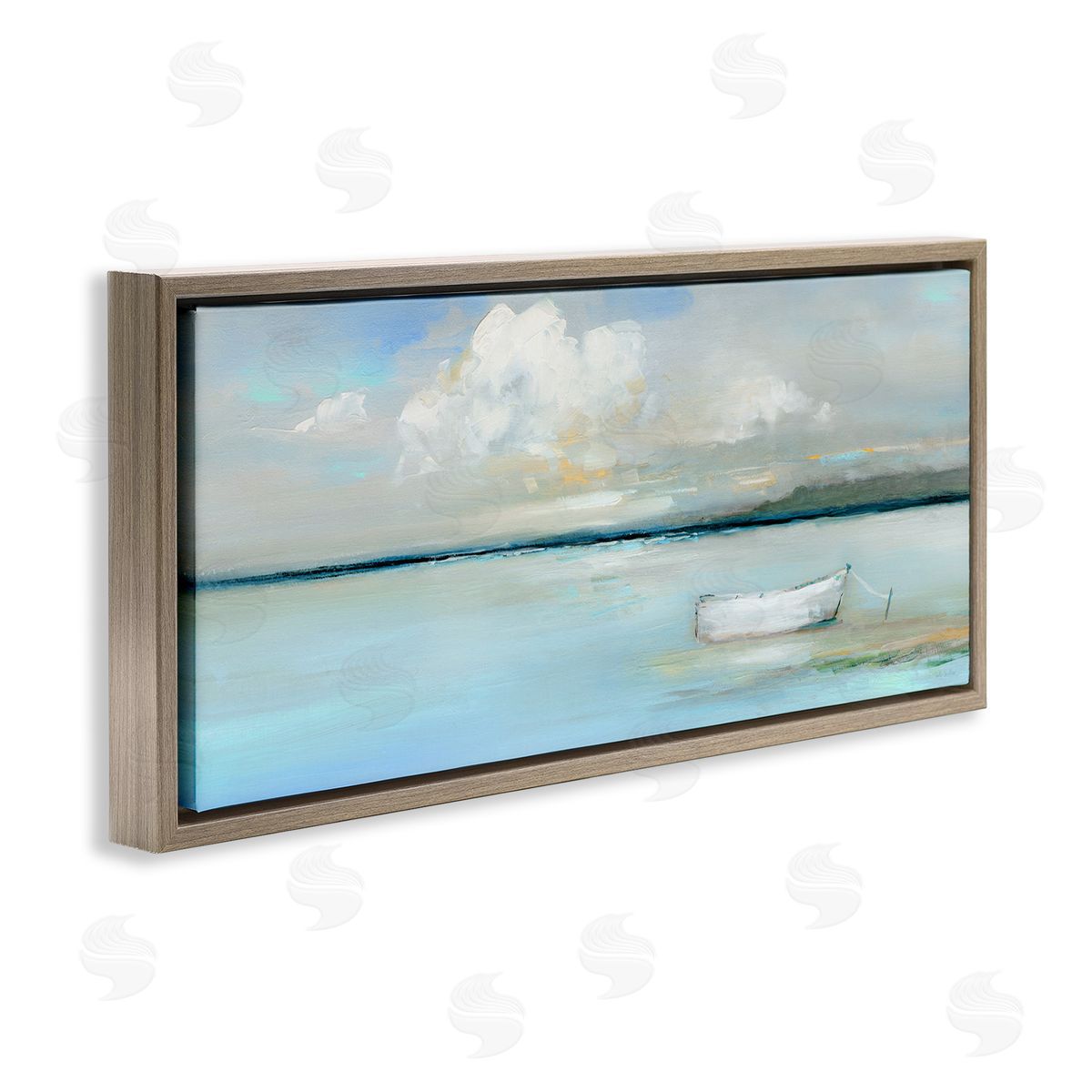 Quiet Boat Docked Brown Floating Frame Canvas Wall Art, Home Decor by Sally Swatland
