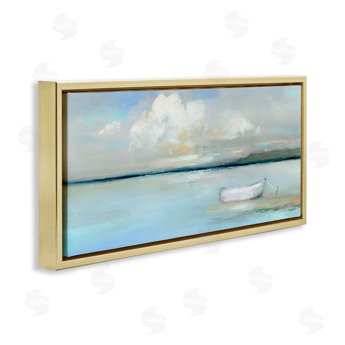 Quiet Boat Docked Gold Floating Frame Canvas Wall Art, Home Decor by Sally Swatland