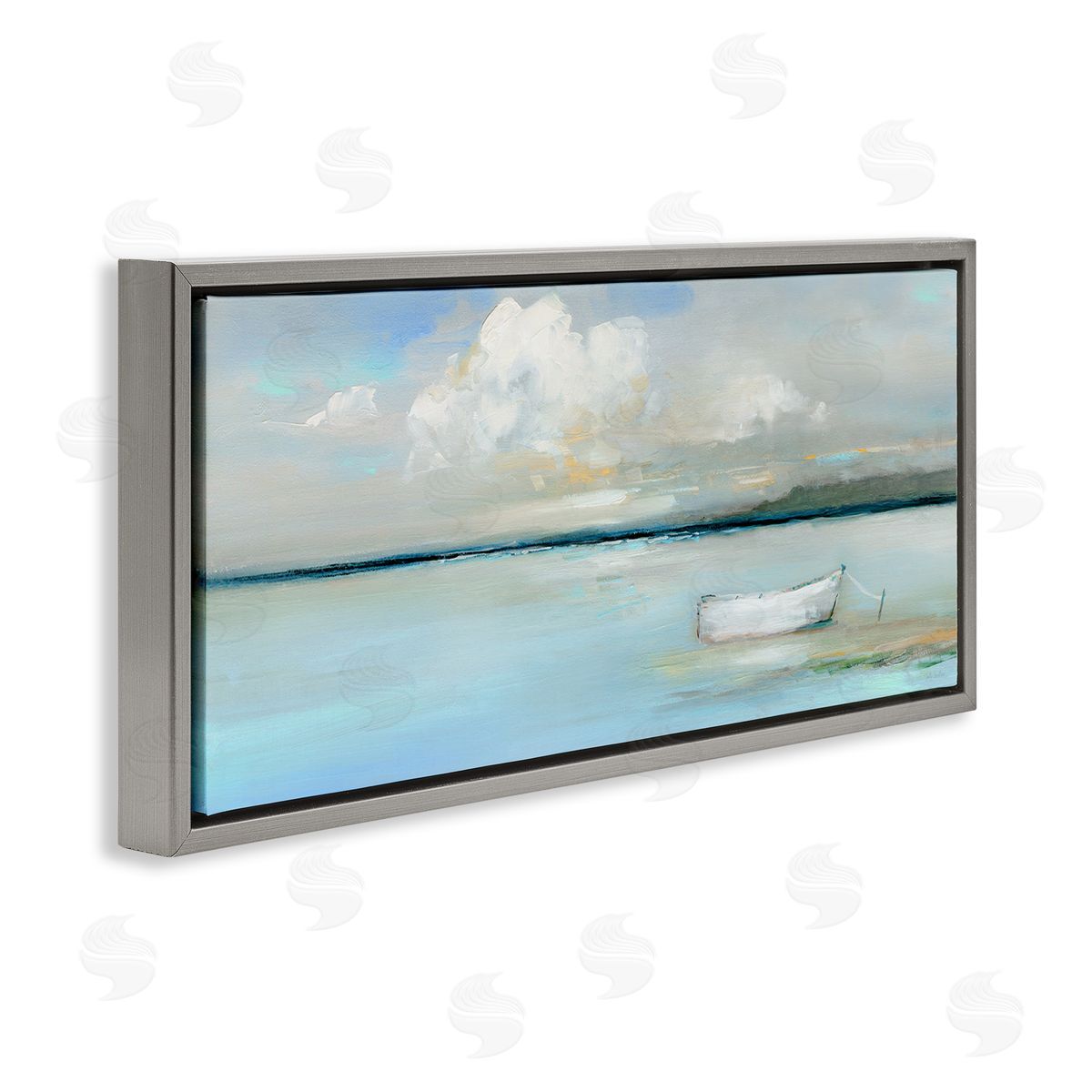Quiet Boat Docked Grey Floating Frame Canvas Wall Art, Home Decor by Sally Swatland