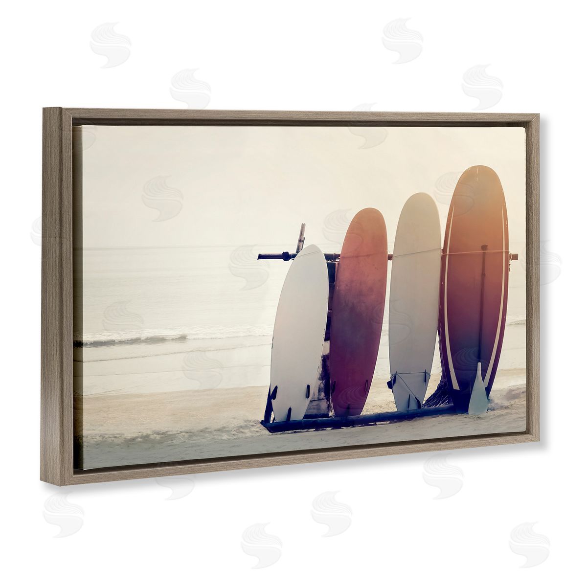 Beach Surfboards Leaning Brown Floating Frame Canvas Wall Art, Home Decor by Mike Calascibetta