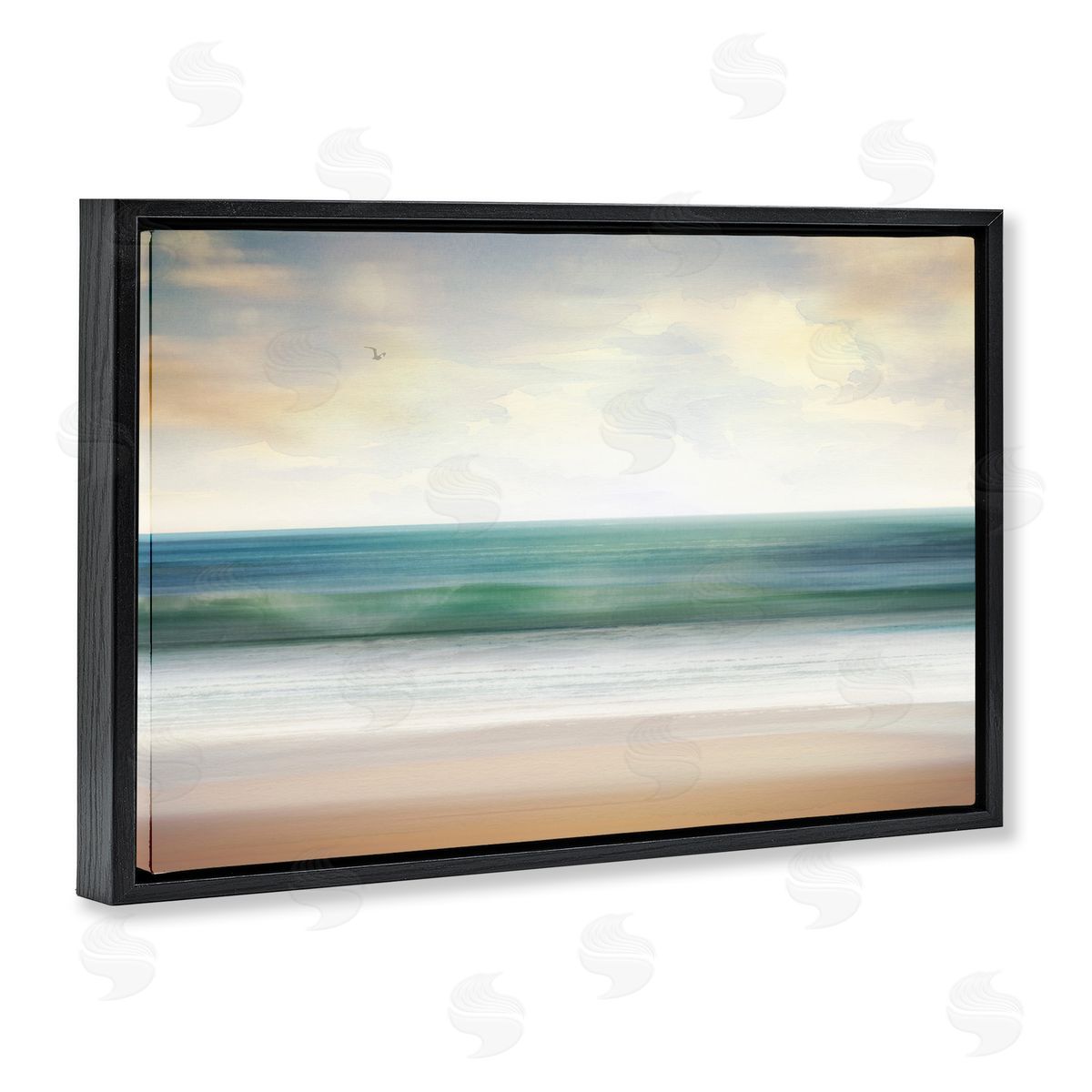 Lone Seagull Over Beach Black Floating Frame Canvas Wall Art, Home Decor by Susan Arnot