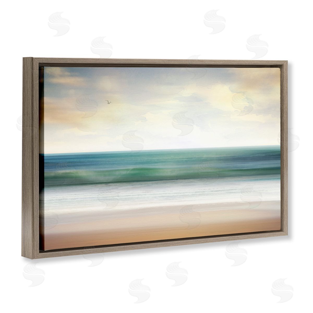 Lone Seagull Over Beach Brown Floating Frame Canvas Wall Art, Home Decor by Susan Arnot