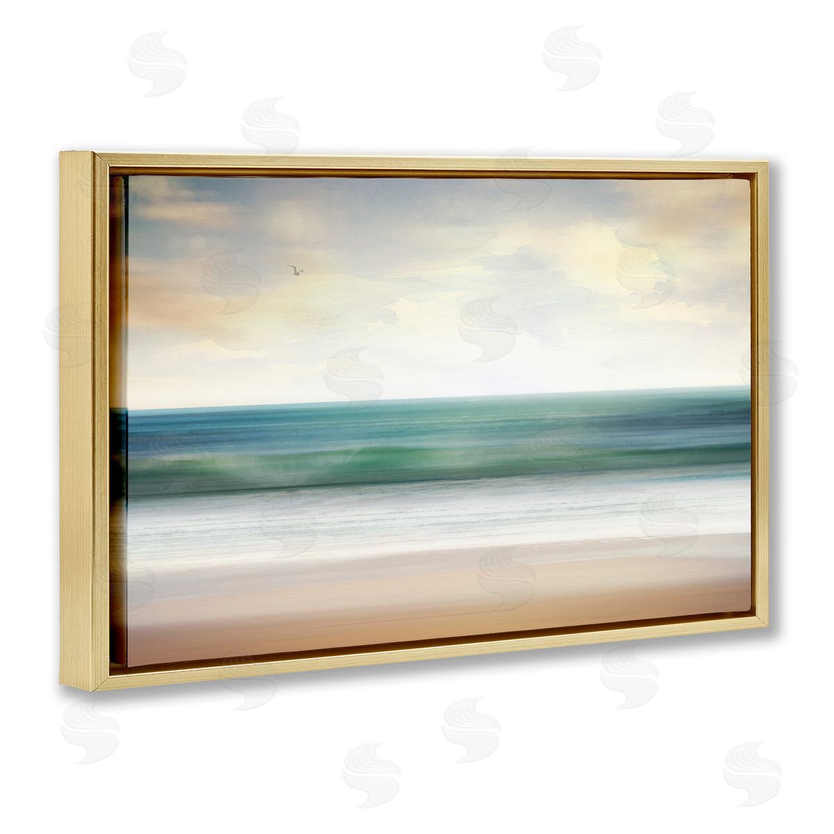 Lone Seagull Over Beach Gold Floating Frame Canvas Wall Art, Home Decor by Susan Arnot