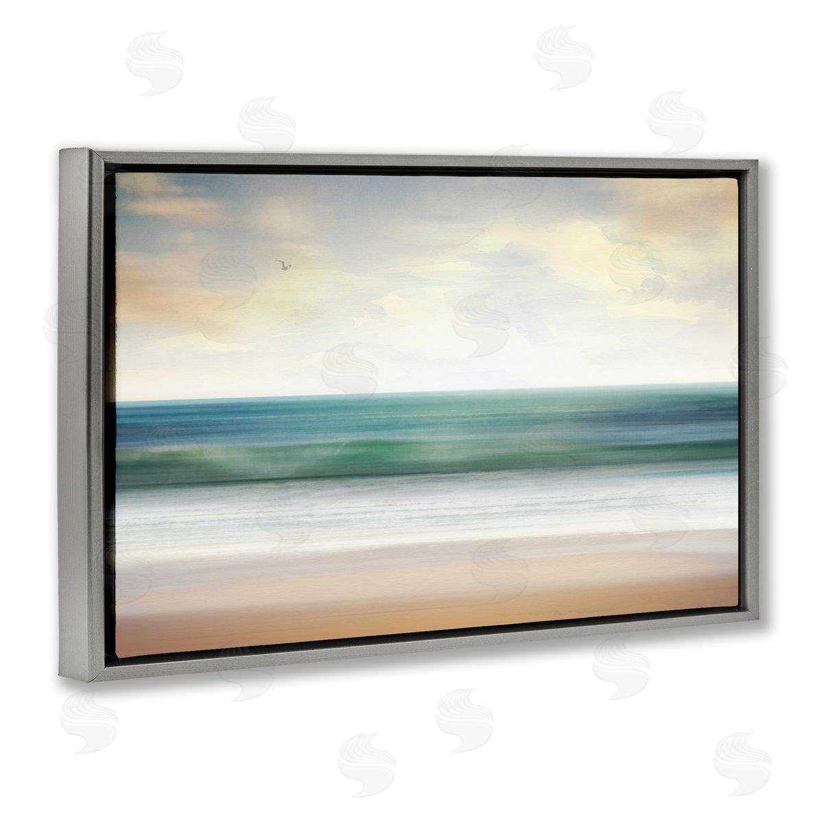 Lone Seagull Over Beach Grey Floating Frame Canvas Wall Art, Home Decor by Susan Arnot