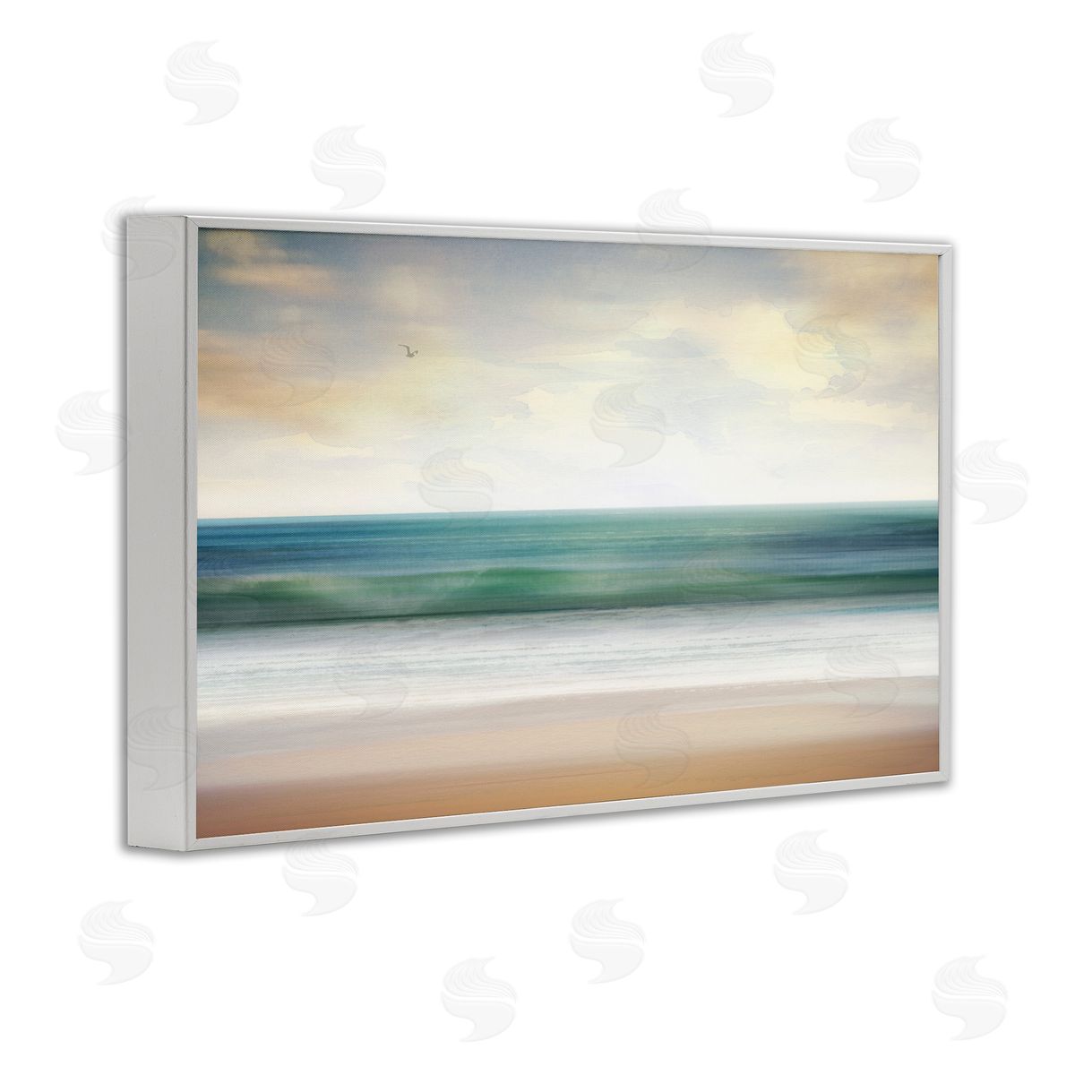 Lone Seagull Over Beach White Frame Print Wall Art, Home Decor by Susan Arnot