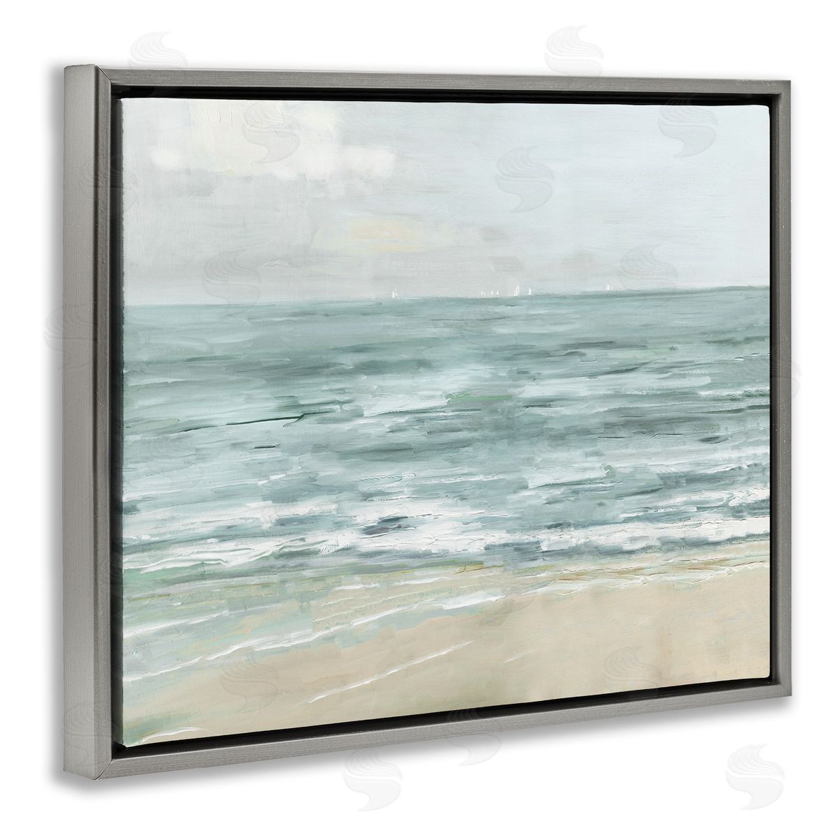 Brushed Beach Waves Grey Floating Frame Canvas Wall Art, Home Decor by Sally Swatland