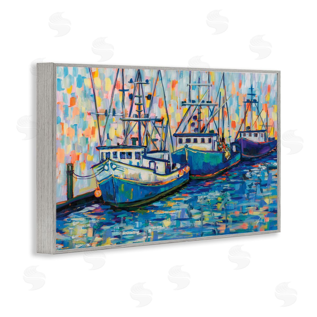 Vivid Boats in Harbor Grey Frame Print Wall Art, Home Decor by Jeanette Vertentes