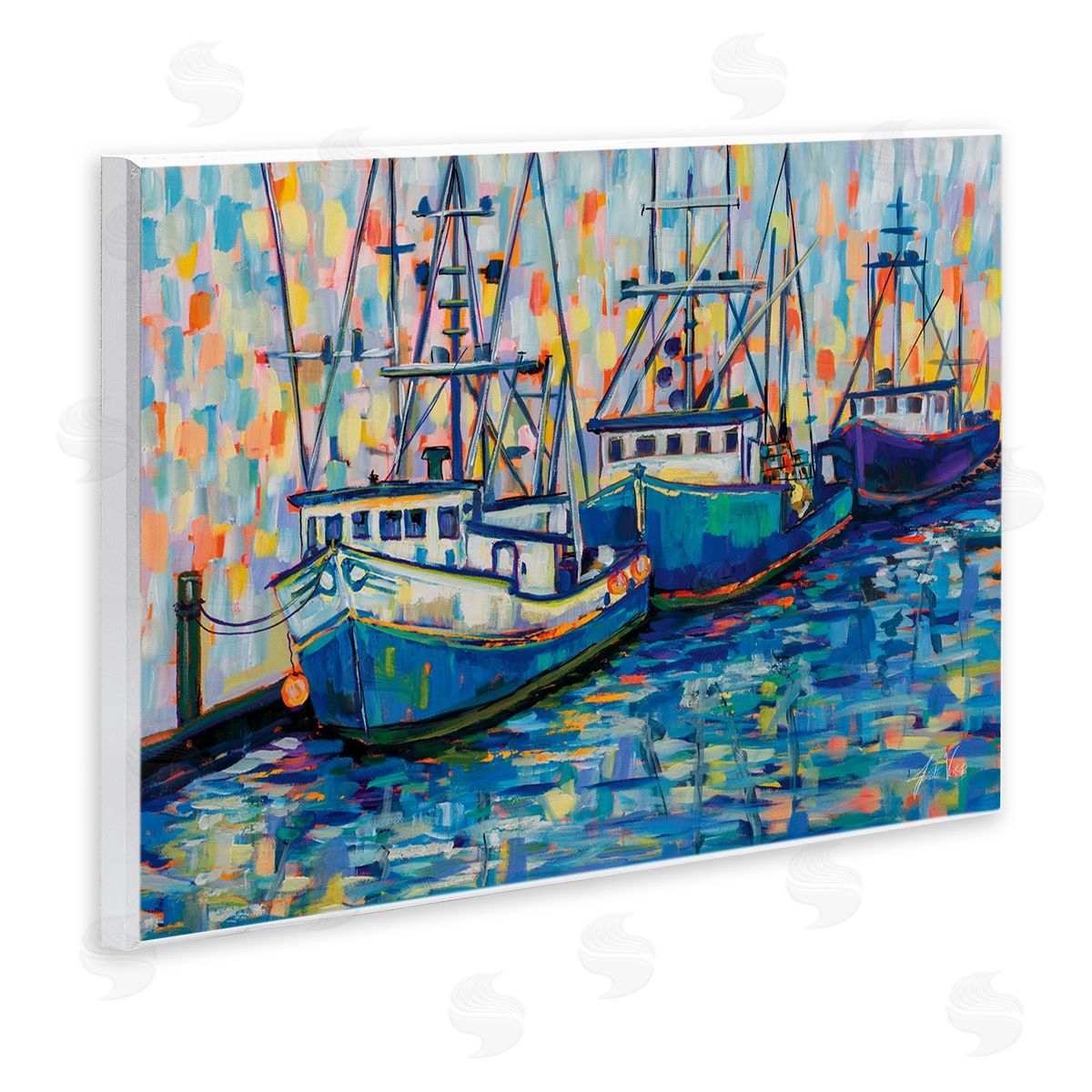 Vivid Boats in Harbor Wood Plaque Wall Art, Home Decor by Jeanette Vertentes