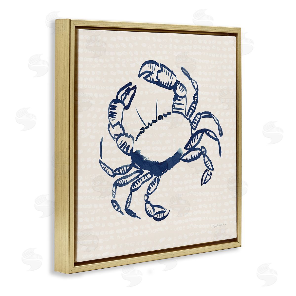 Aquatic Crab on Beige Gold Floating Frame Canvas Wall Art, Home Decor by Mercedes Lopez Charro