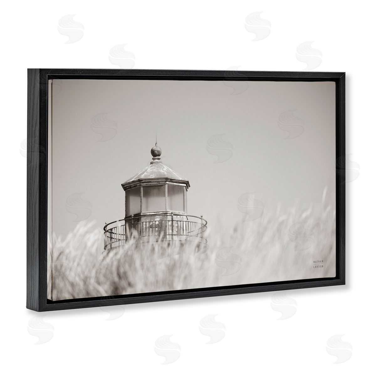 Swaying Reeds and Lighthouse Black Floating Frame Canvas Wall Art, Home Decor by Nathan Larson
