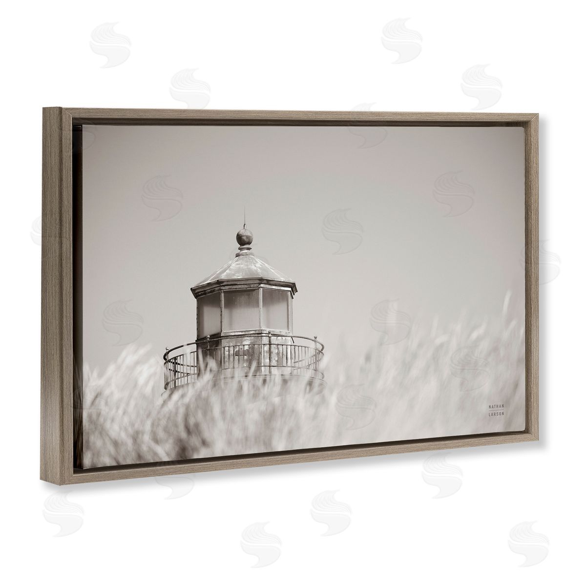 Swaying Reeds and Lighthouse Brown Floating Frame Canvas Wall Art, Home Decor by Nathan Larson