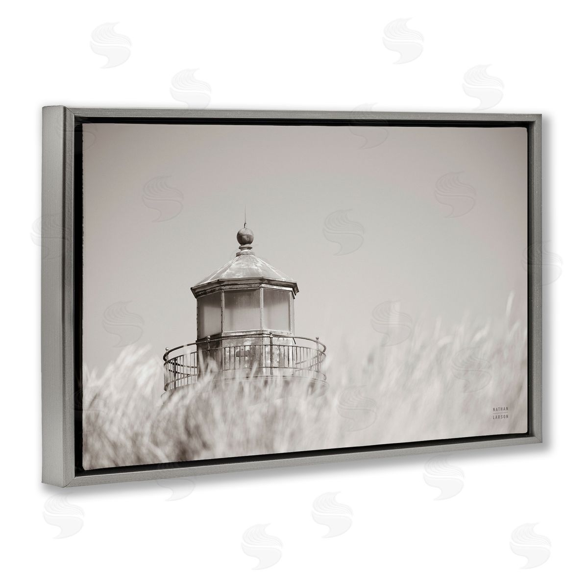 Swaying Reeds and Lighthouse Grey Floating Frame Canvas Wall Art, Home Decor by Nathan Larson